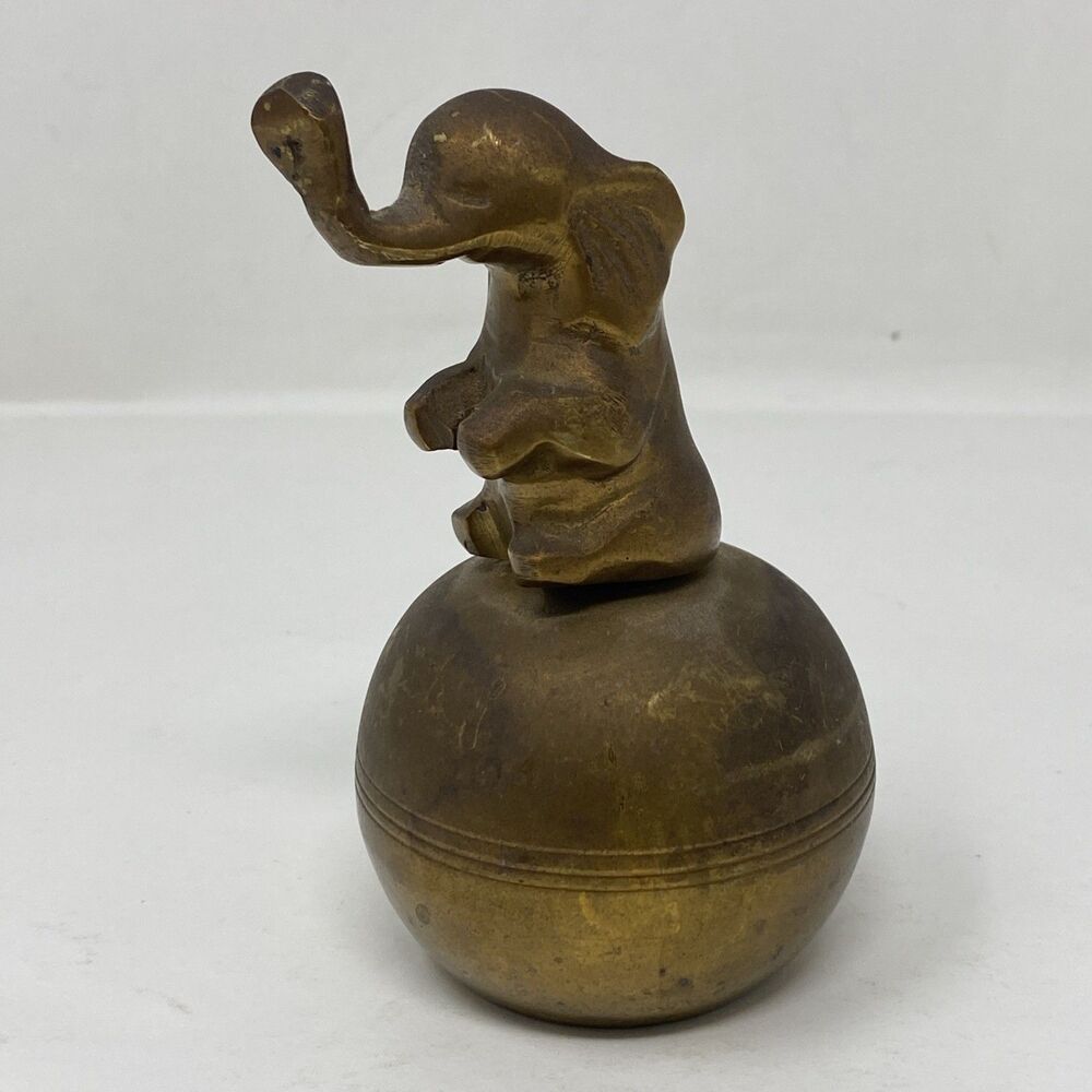 Vintage Brass Baby Elephant Sculpture Sitting On Brass BELL Figurine